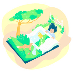 Vector flat fantasy illustration with girl who is sleeping sweetly under leaf of fairy tale book, which depicts forest world. Concept children s books. It can be used in web design, postcards, etc.