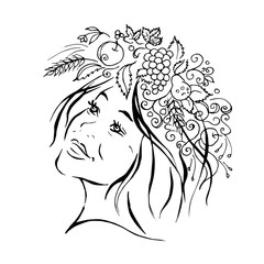 a girl with a wreath of flowers on her head. the fruit in the hair. we are what we eat. vegetarian hat. hat. vector illustration of a woman on white background.contour line art. summer postcard. logo.