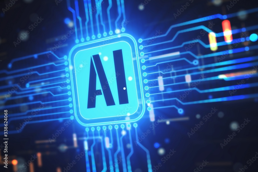 Poster abbreviation is artificial intelligence on a microchip. machine learning concept. 3d rendering