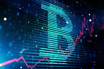 Glowing bitcoin symbol hologram on blue background. 3D Rendering