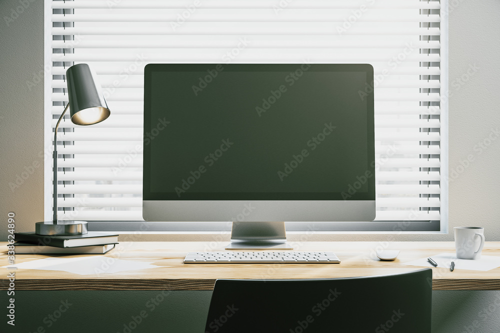 Poster computer with blank screen on white desk, chair and lamp. mockup. 3d rendering
