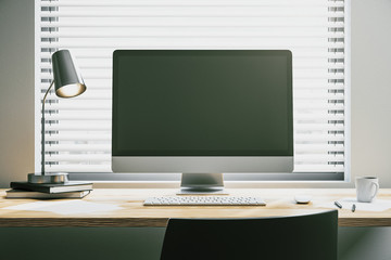 Computer with blank screen on white desk, chair and lamp. Mockup. 3D Rendering