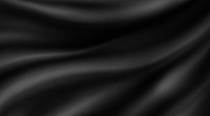 Black silk background illustration with dark luxurious fabric draped texture folds in waves of flowing soft pattern, abstract satin or velvet cloth in luxury material design for website or fashion