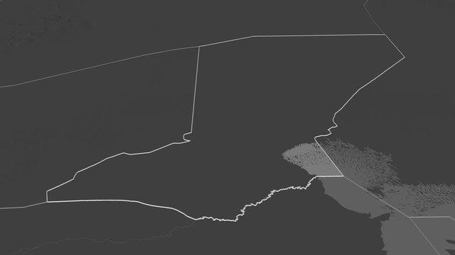 Diffa, department with its capital, zoomed and extruded on the bilevel map of Niger in the conformal Stereographic projection. Animation 3D