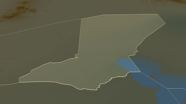 Diffa, department with its capital, zoomed and extruded on the relief map of Niger in the conformal Stereographic projection. Animation 3D