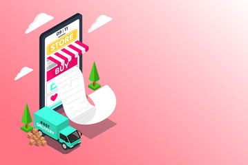 Shopping Online. Big smartphone digital marketing and e-commerce with Huge bill concept. Supermarket in device online store. Vector illustration