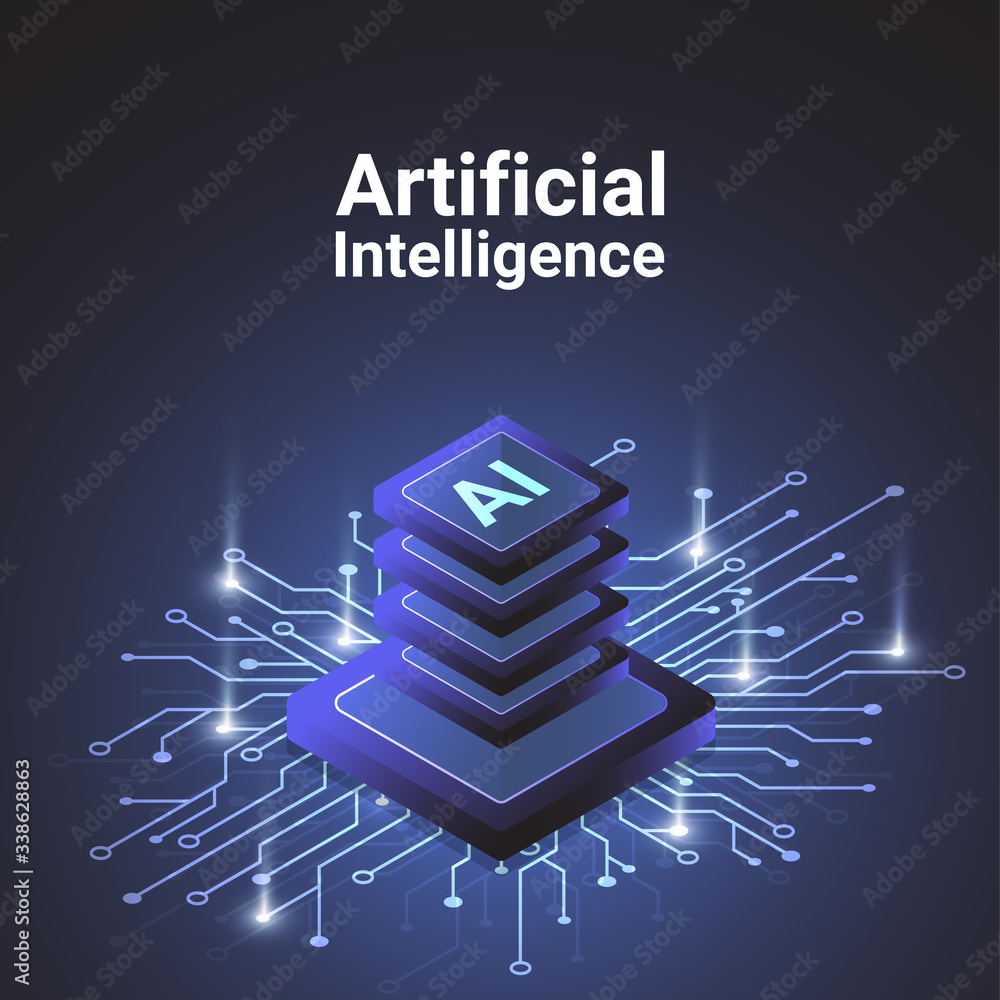 Poster artificial intelligence isometric chipset on circuit board in futuristic concept technology artwork 