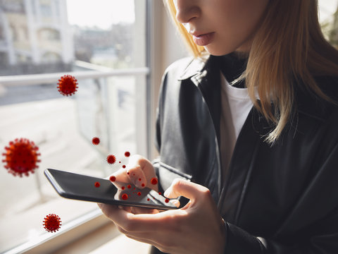 Viruses on your gadget using daily - concept of spreading of virus, 3D model illustration. Danger way of epidemic. Smartphone, laptop, keyboard, tablet need to be disinfected. Safety, medicine, health