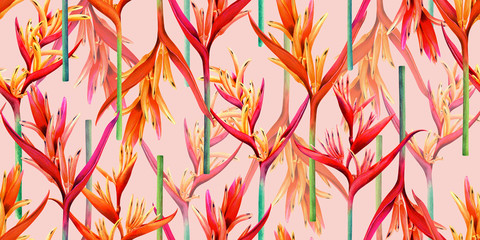 watercolor painting bird of paradise blooming flowers,colorful seamless pattern on pink rose background.Watercolor hand drawn illustration tree tropical exotic leaf for wallpaper textile.