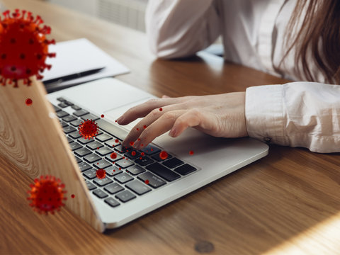 Viruses on your gadget using daily - concept of spreading of virus, 3D model illustration. Danger way of epidemic. Smartphone, laptop, keyboard, tablet not disinfected. Hands on infected surface.