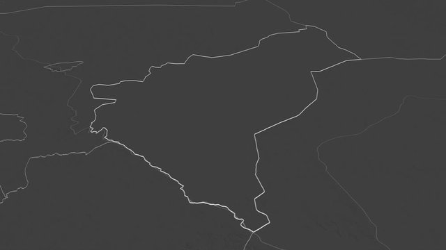 Dosso, department with its capital, zoomed and extruded on the bilevel map of Niger in the conformal Stereographic projection. Animation 3D