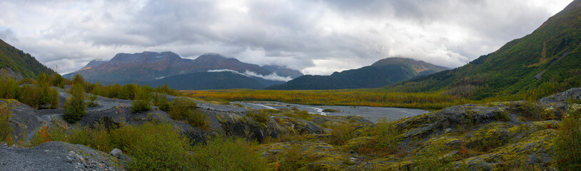 Outwash Plain panorama on Exit Creek near Exit Glacier in Kenai Fjords National Park in Sep. 2019 near Seward, Alaska AK, USA.