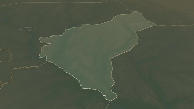 Dosso, department with its capital, zoomed and extruded on the relief map of Niger in the conformal Stereographic projection. Animation 3D