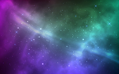 Space background. Magic stardust and shining stars. Bright milky way. Violet and green cosmos with realistic galaxy and nebula. Starry wallpaper. Vector illustration