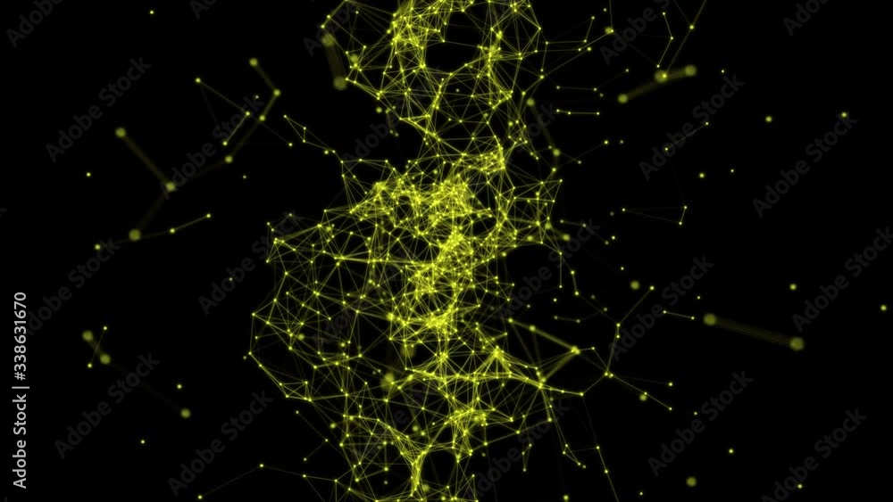 Poster abstract yellow plexus structure in motion around at black background. 3d. slow motion. abstract geo