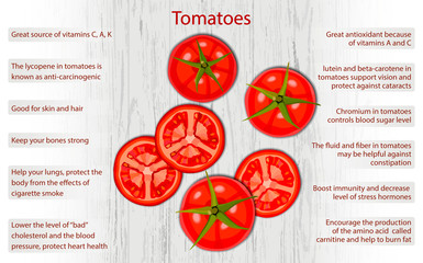 Tomato health benefits infographics on wooden background