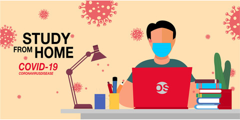 Student study from home with laptop, studying or working concept. Work from home or study from home, quarantine corona virus disease. Premium Vector