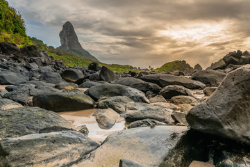Beautiful Sunset at Cachorro Beach with Pico Hill view, Fernando de Noronha Marine National Park ,...