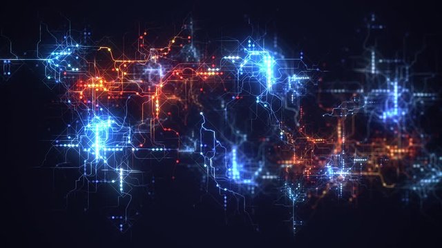 Abstract hologram 3D Big Data Digital City with futuristic matrix. Digital buildings with a binary code particles network. Technological and connection motion background. 