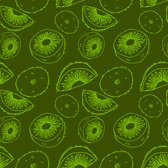 Kiwi pieces on green backdrop. Tropic fruit seamless pattern for wallpaper, wrap paper, sleeper, bath tile, apparel or bed linen. Phone case or cloth print. Hand drawn style stock vector illustration