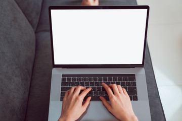 Woman hand using laptop on sofa in house, mock up of blank screen.