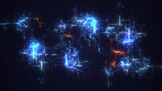Abstract hologram 3D Big Data Digital City with futuristic matrix. Digital buildings with a binary code particles network. Technological and connection motion background. 