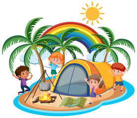 Scene with happy children camping out on the island