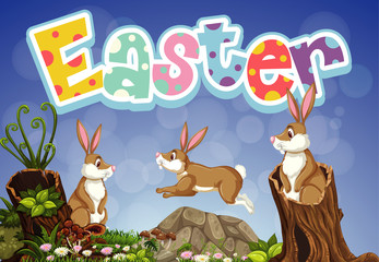Happy Easter font design with bunnies in the garden