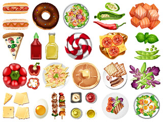 Large set of food and desserts on white background