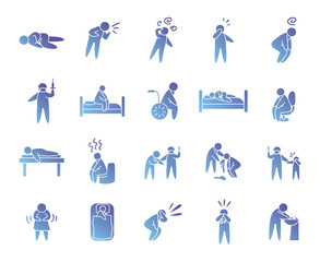 symptoms of disease and pictogram persons icon set, gradient style