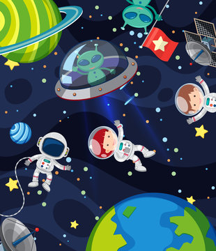 Background scene with many aliens and astronauts in the space