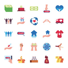 money bills and charity donations icon set, flat style