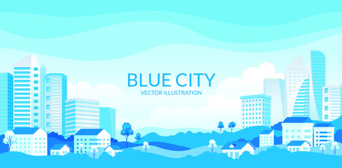 Vector illustration of City landscape with modern buildings, skyscrapers and suburb with houses, Trees, mountains and hills. simple minimal geometric flat style with blue color theme. 