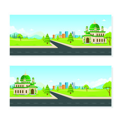 Obraz premium Eid Mubarak banners design with mosque and natural element, such us trees, grass. suitable for Ramadan Kareem flyer, poster, banner, greeting card, invitation card etc. 