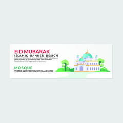 Eid Mubarak banners design with mosque and natural element, such us trees, grass. suitable for Ramadan Kareem flyer, poster, banner, greeting card, invitation card etc. 
