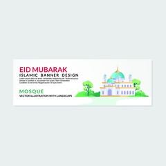 Fototapeta premium Eid Mubarak banners design with mosque and natural element, such us trees, grass. suitable for Ramadan Kareem flyer, poster, banner, greeting card, invitation card etc. 