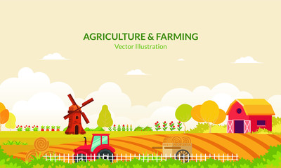 Agriculture Rural landscape vector background. organic farm products, agriculture tool and machine, windmill, red barn and house.