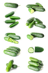 Set of ripe cucumbers on white background