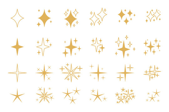 Set of golden, yellow sparkles icons. Flat and outline decorative twinkle. Template spark for glowing light effect, star, bursts firework. Different shapes shine. Isolated on white vector illustration