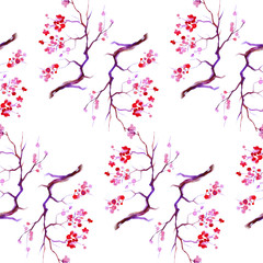 Watercolor sakura pattern. Seamless texture with blossom cherry tree branches isolated on white background