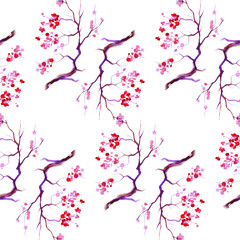 Watercolor sakura pattern. Seamless texture with blossom cherry tree branches isolated on white background © Xenta Rain