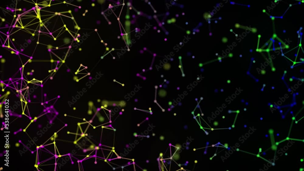 Poster multicolored dots and lines are connecting on blur black background. slow motion and shallow depth o