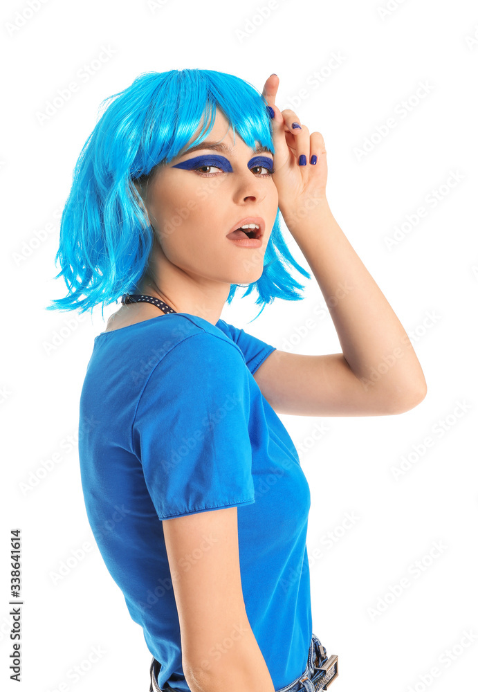 Poster Portrait of fashionable young woman on white background