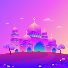 Mosque vector illustration with natural element, such us trees, grass. suitable for Ramadan Kareem flyer, poster, banner, greeting card, invitation card etc. 
