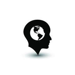 The wonderful concept of the planet Earth in the human head icon isolated on white background. Vector illustration. EPS 10.