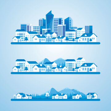 Rural, small town, and big city Vector illustration. with houses, Trees, mountains and hills. simple minimal geometric flat style with blue color theme. 
