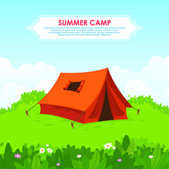 Summer camp vector illustration, with Camping tent on green hill, and beautiful scenery natural landscape
