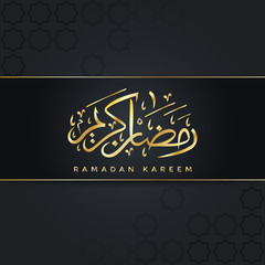 Fototapeta na wymiar Ramadan Kareem greeting card design. Elegant and minimalist concept, with dark background and gold subjects or elements. Square format. Vector illustration