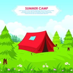 Summer camp vector illustration, with Camping tent on green hill, and beautiful scenery natural landscape
