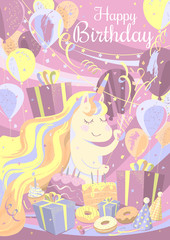 Naklejka na ściany i meble Happy birthday greeting card, kawaii unicorn with cake, sweet desserts, cartoon style